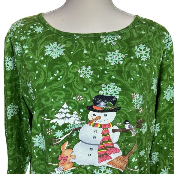 Collections Etc. Holiday Shirt Women Size XL Green Snowman Sequin Snowflake Top - Picture 5 of 12